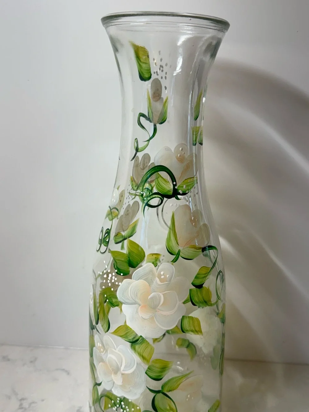 Hand-Painted Glass Carafe with Green and Cream Floral Design